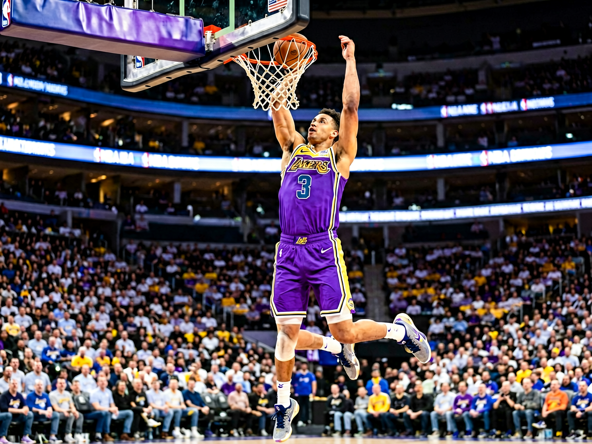 NBA篮球比赛扣篮瞬间，球员高高跃起完成暴扣
